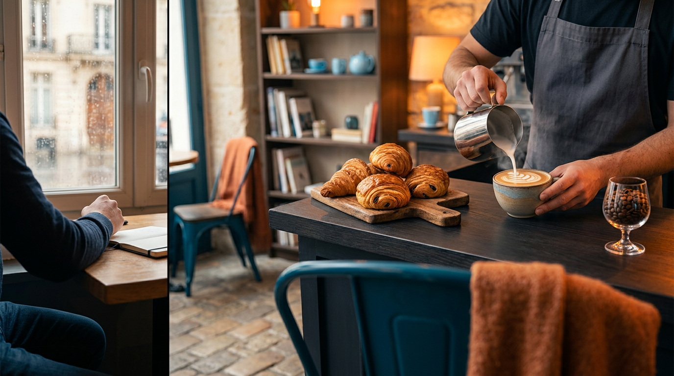 A cozy Parisian café interior with a barista pouring latte art into a ceramic cup, surrounded by fresh pastries.