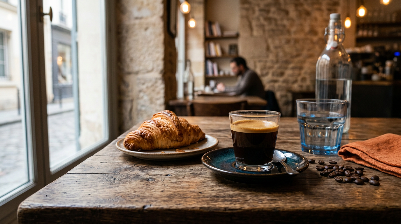 A rustic wooden table featuring a freshly baked croissant and a perfectly pulled double espresso in a glass demitasse.