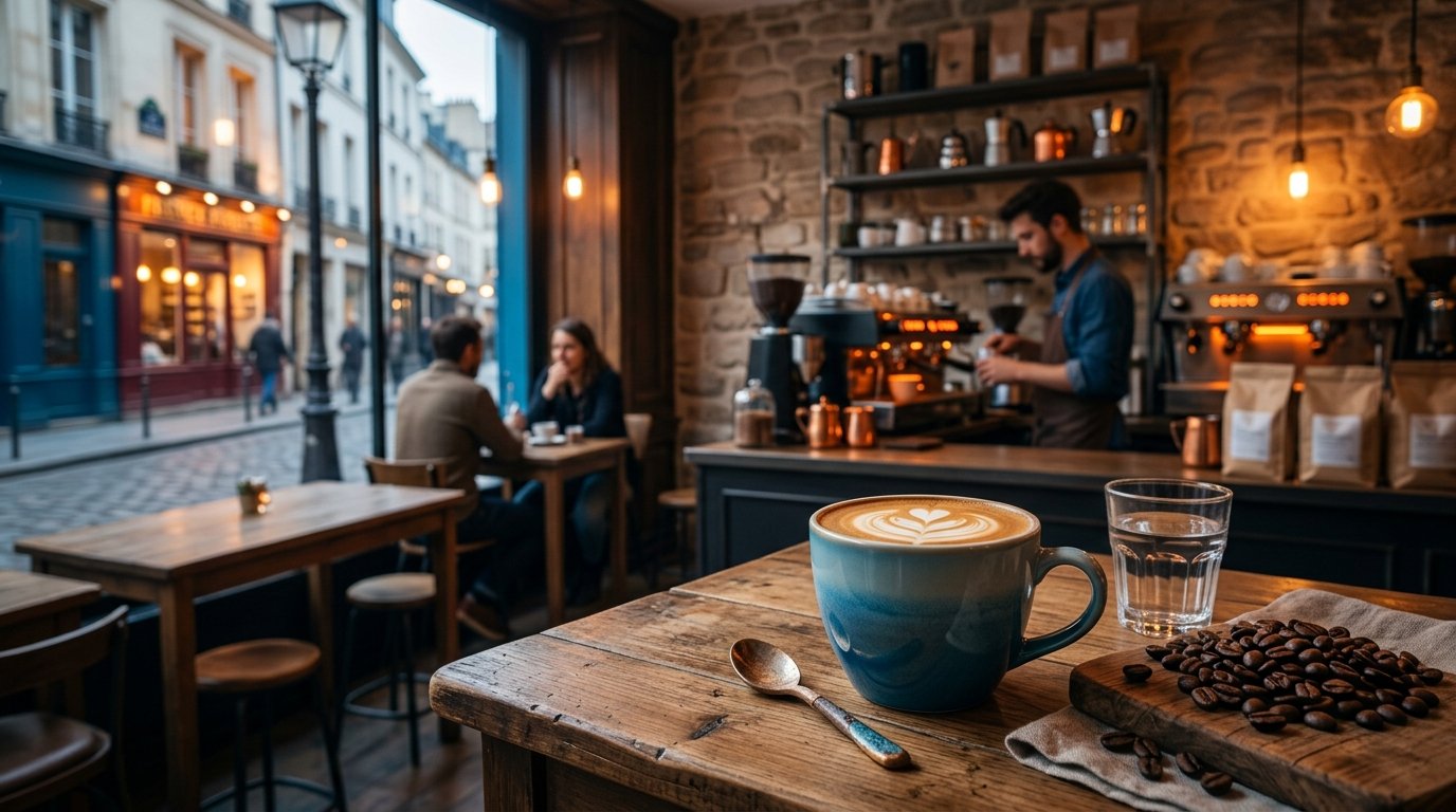 A stylized, illustrated map of Paris highlighting the locations of five specialty coffee shops with cute coffee cup icons.